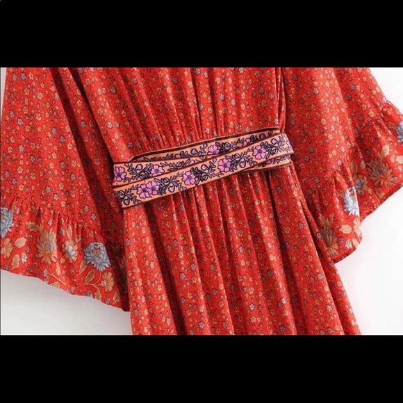 Red Boho Floral Gypsy Print Maxi Dress Kimono - Picture 10 of 11